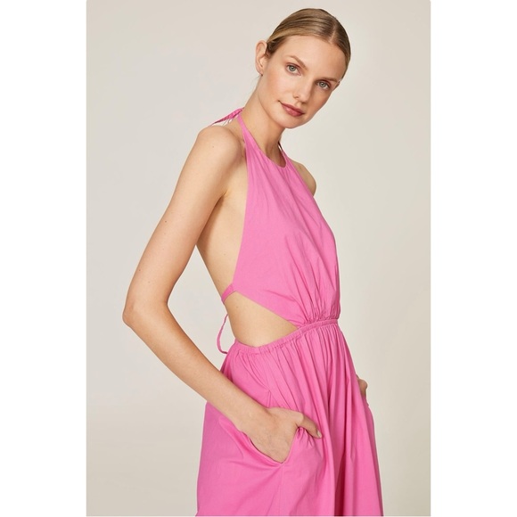 STAUD Apfel Maxi Pink Halter Open Back Lightweight Cotton Maxi Dress w/ Pockets - Picture 2 of 13
